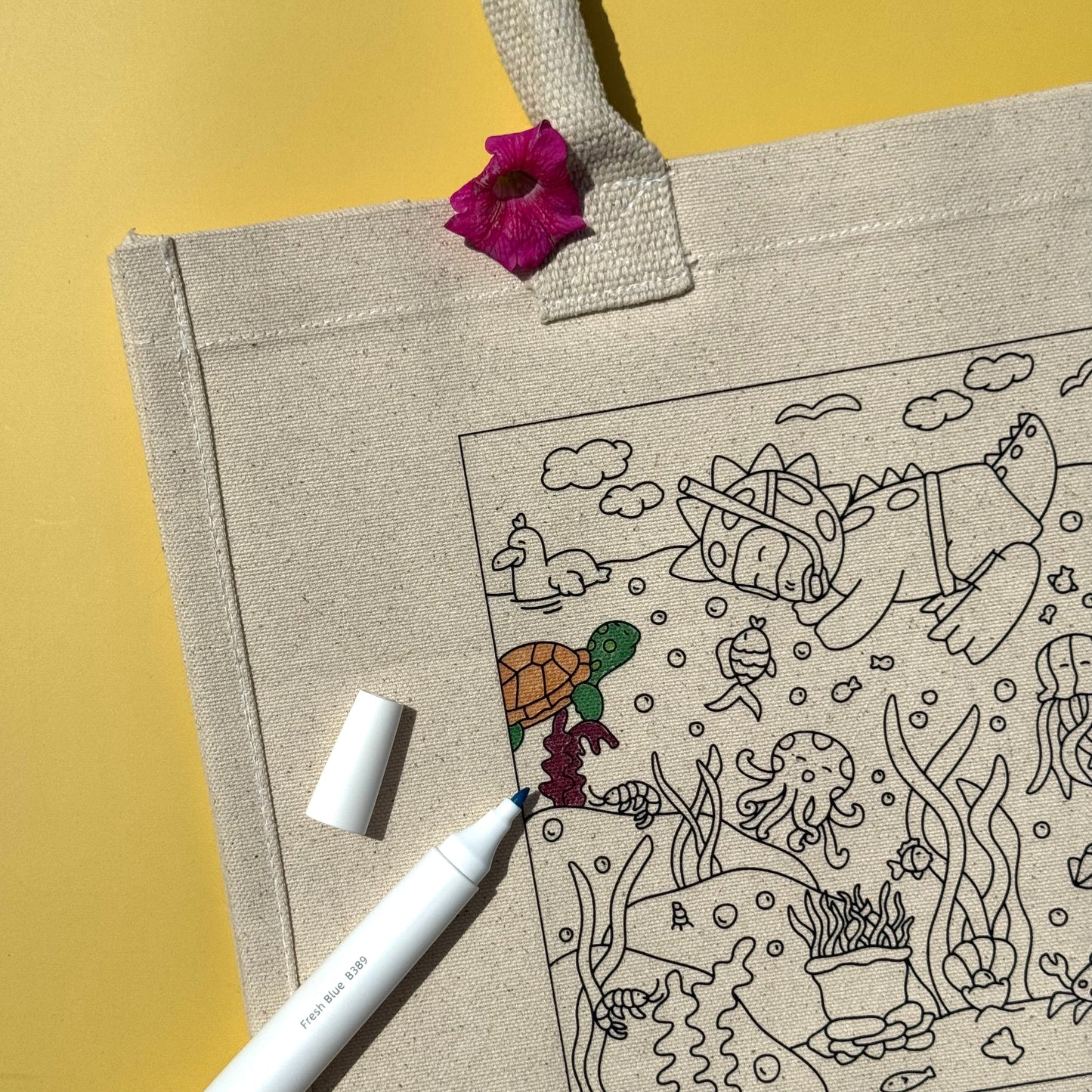 Borsa di tela Dino Snorkeling da colorare