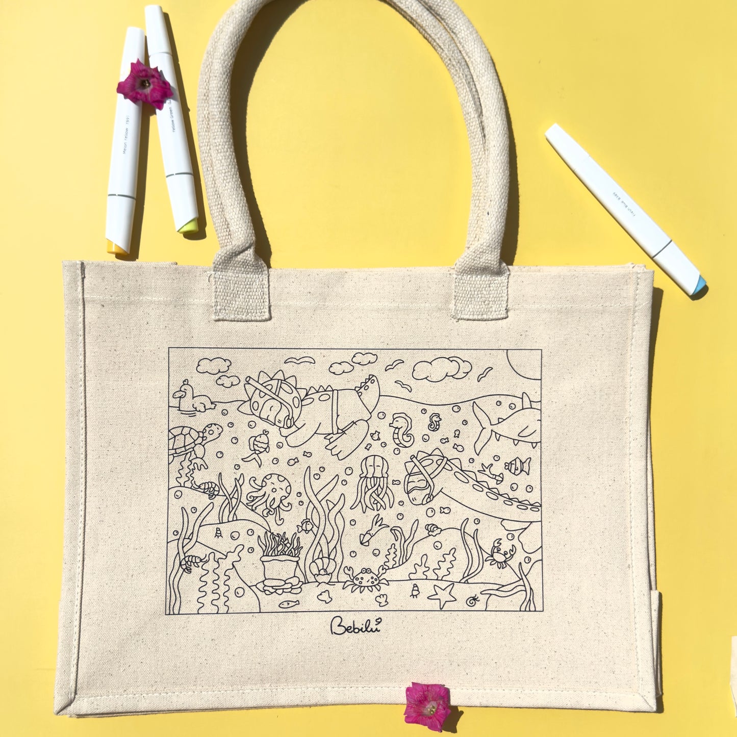 Borsa di tela Dino Snorkeling da colorare